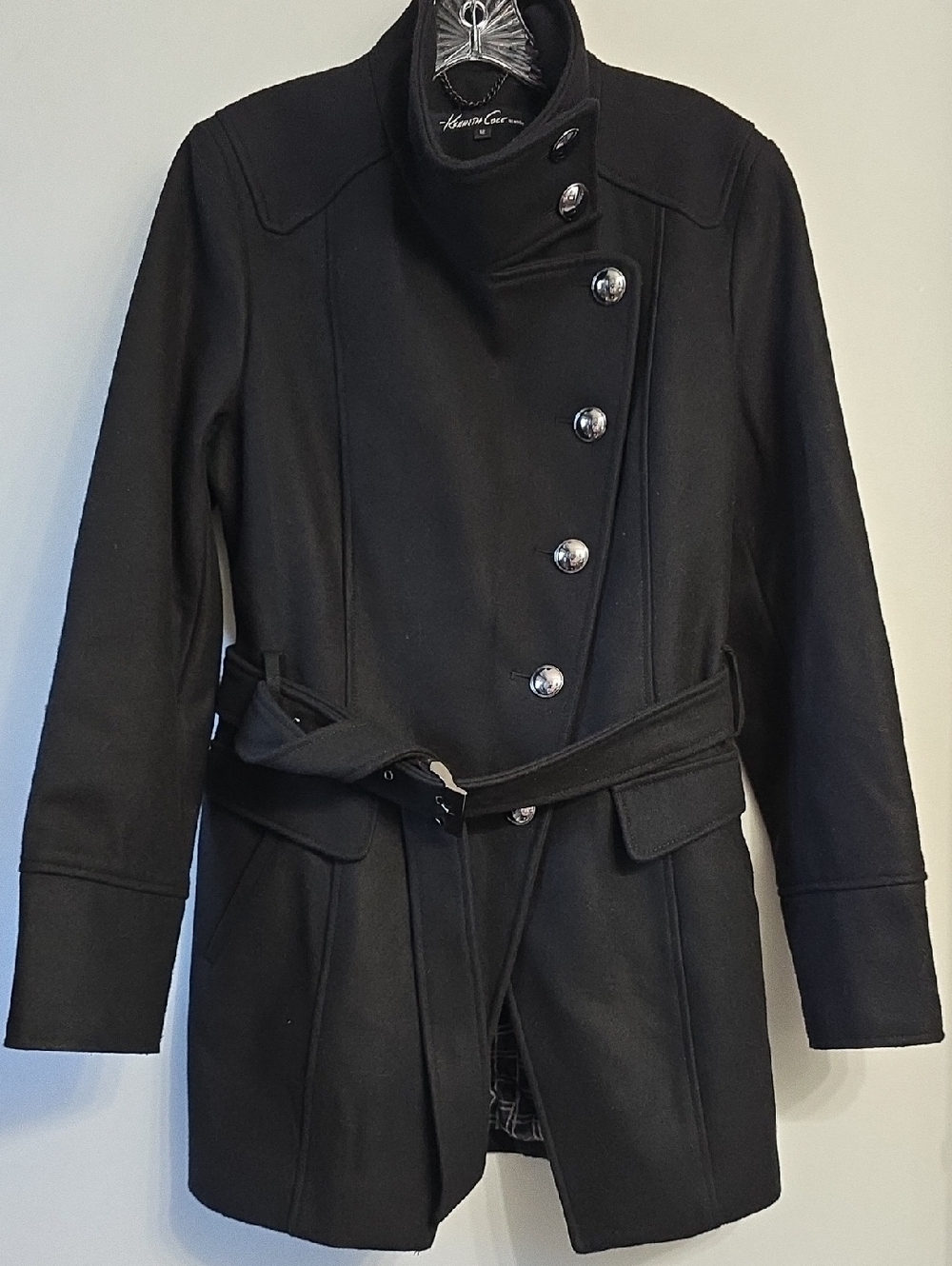 Kenneth Cole Black Asymmetric Button Wool-Blend Pea Coat